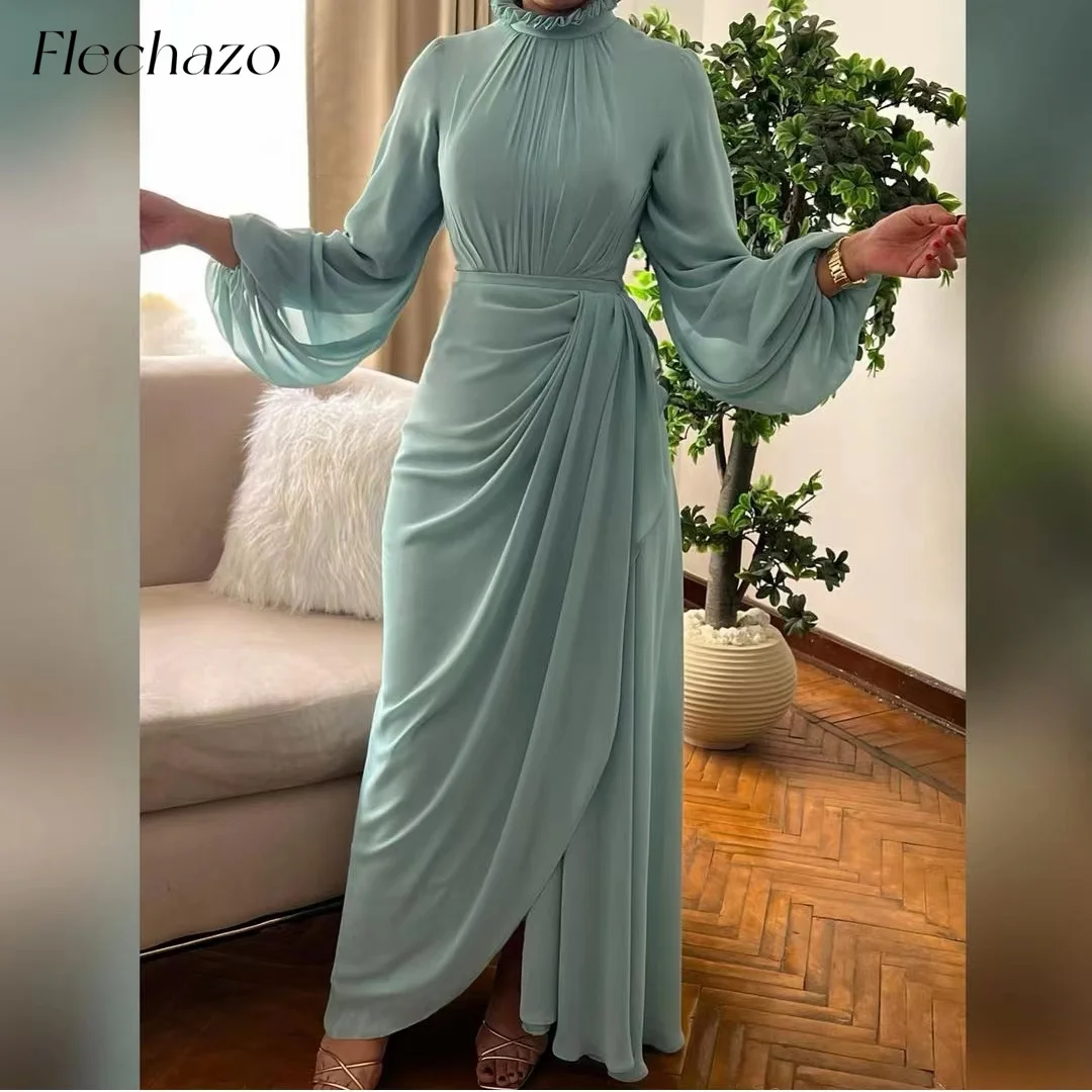 

Flechazo Chiffon Evening Dresses High Neck Full Sleeves Pleated Simple Elegant Birthday Party Dress For Women 2024 فساتين السهرة