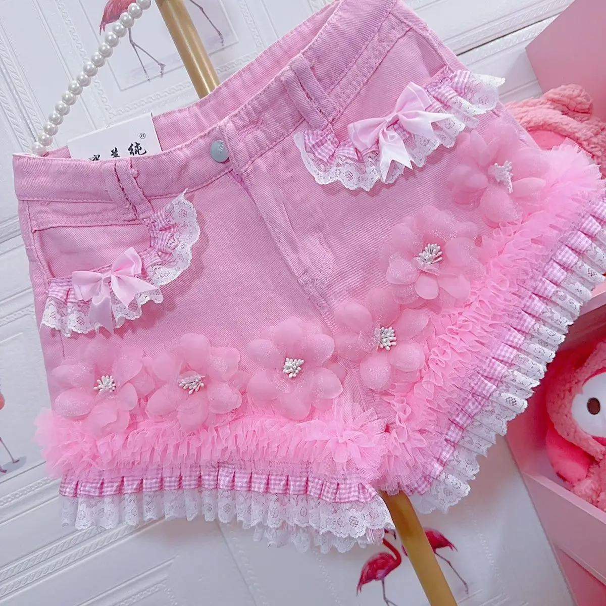 Sweet Lace Pink Bead Flowers Denim Shorts for Women with Bow Design Straight High Waist A-line Hot Pants Short