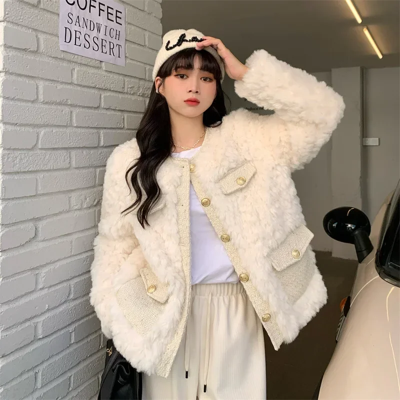 Korean Style Lamb Wool Jackets Women 2025 Autumn Winter Thick Warm Faux Fur Coats Ladies White Long Sleeve Plush Outwear