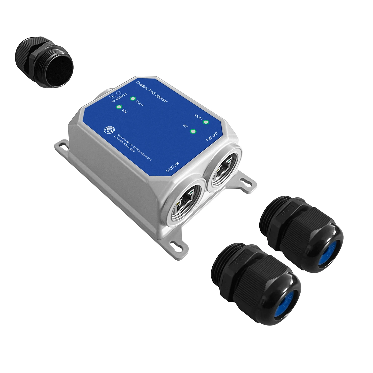 Outdoor 2.5G/10G POE Injector 90W IP67 Waterproof Power Supplier 48-57Vdc Or 12-57Vdc Max 130W Input Max Active POE 90W Output