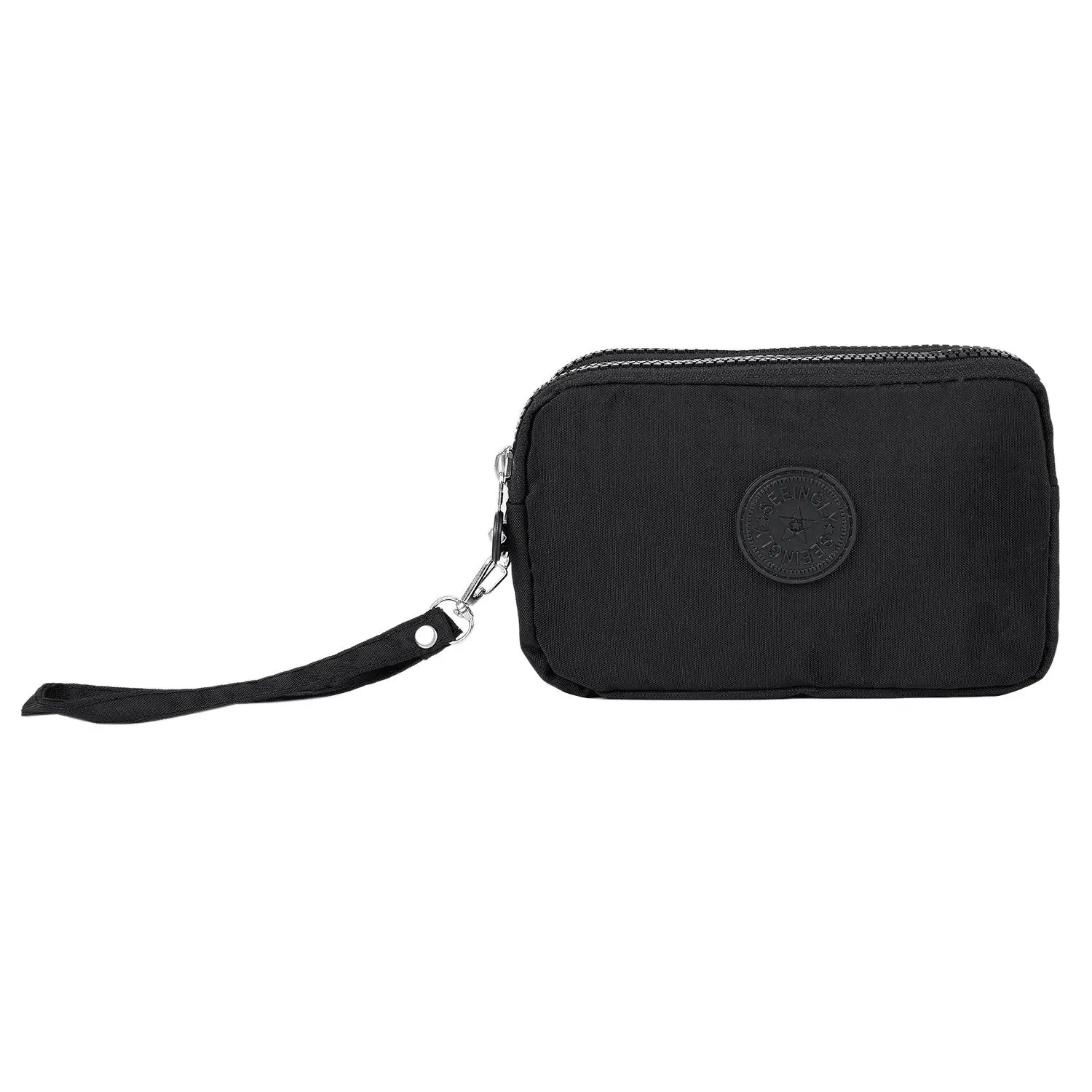 Women Small Wallet Washer Wrinkle Fabric Phone Purse Three Zippers Portable Make Up bag Black