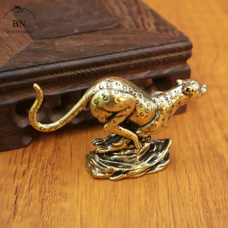 Brass Cheetah Small Statue Desktop Ornaments Solid Metal Animal Leopard Figurines Miniatures Home Decorations Crafts Child Gifts