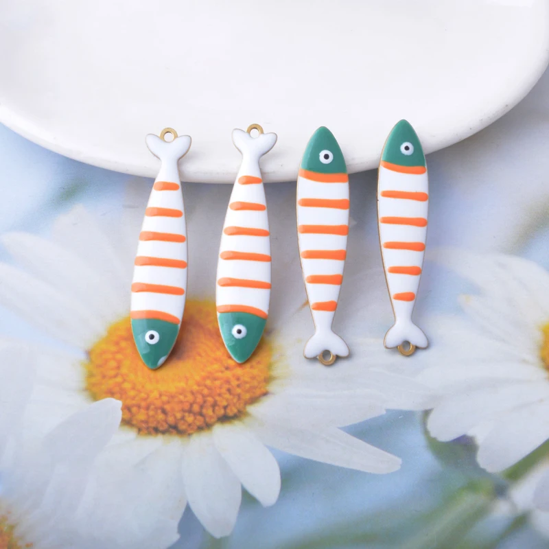 6 Stück Kupfer beidseitig emaillierte niedliche Fischanhänger, gestreifte Fische, lange Halskette für Damen, Armband, Anhänger, DIY-Schmuckzubehör – Detail 7