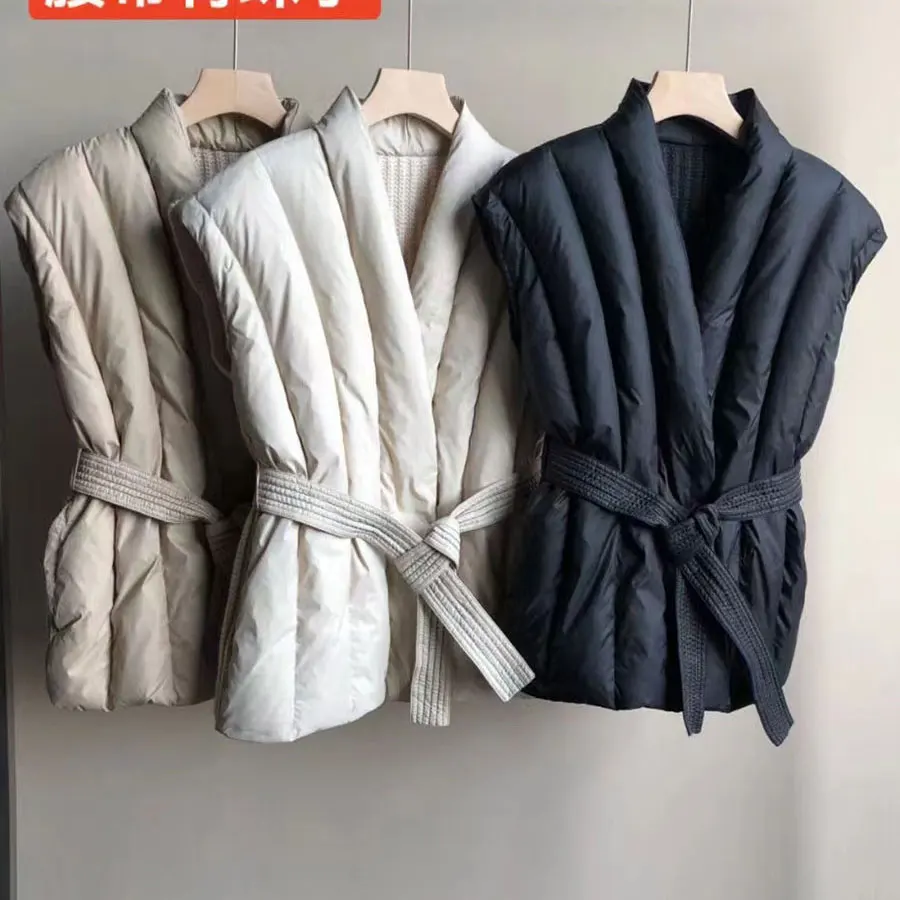 

Женский осенний жилет, пальто 90, белый утиный пух, лоскутный вязаный дизайн сзади, жилет без рукавов, Chaleco Mujer, топы с жилетом, женская одежда