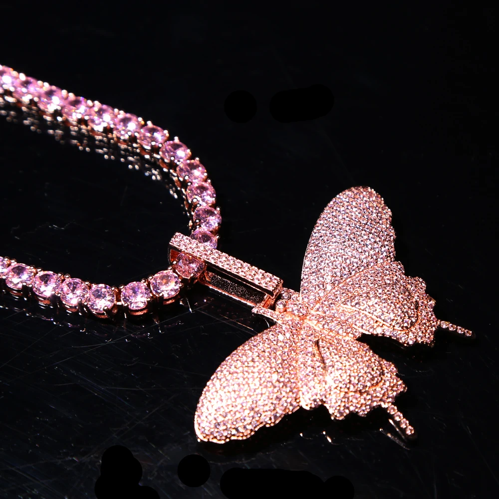 2025 الرجال النساء الهيب هوب كول مثلج خارج إثارة بلينغ الوردي AAA تشيكوسلوفاكيا سحر الحيوان عقد بحلية متدلية على شكل فراشة القلائد روك مجوهرات الأزياء #4