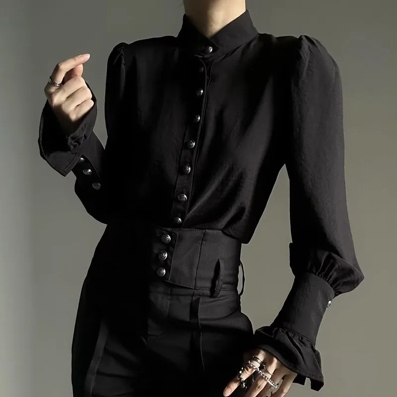 New Retro Stand-up Collar Shirt for Men and Women, Unisex Style Button Decoration Design, French Palace Sleeve Couple Shirt