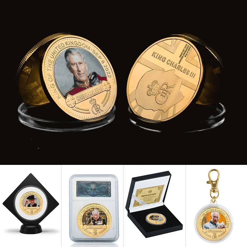 King of The United Kingdom Charles III Gold Plated Commemorative Coin Set UK Royal Challenge Coins Keychain Souvenir Gifts