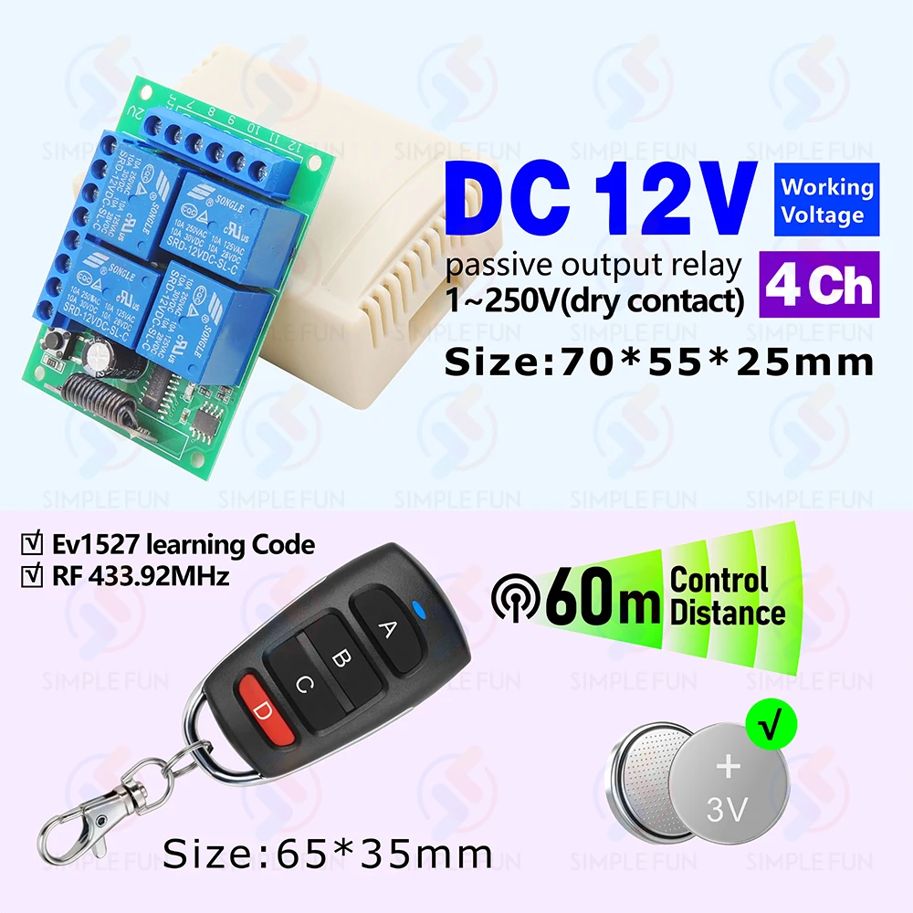 433 Mhz Universal Drahtlose Fernbedienung Licht Schalter DC 12 V 4CH RF Relais Empfänger 60 m Reichweite für Licht/Garage Tür/LED DIY – Detail 1