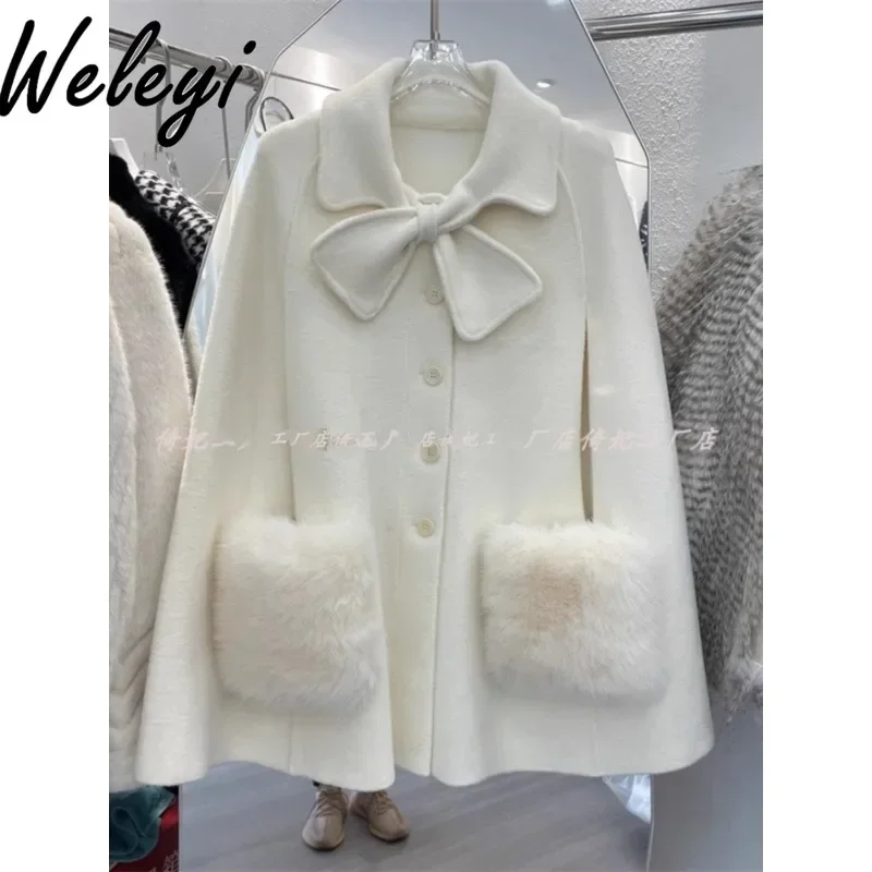 Dolce fiocco mantello cappotto di lana donna 2024 autunno e inverno nuova principessa fiocco da donna imitazione collo di pelliccia di volpe