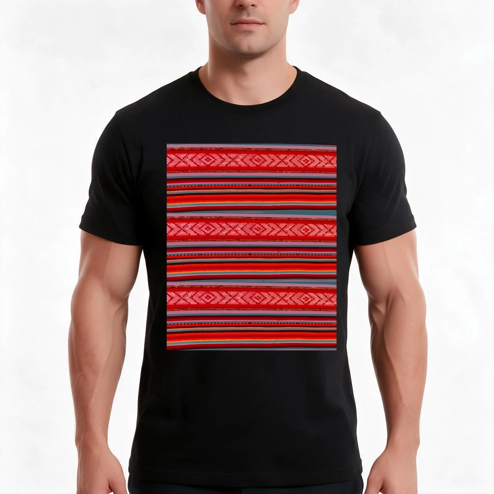 Bright red mexican stripes embroidered serape blanket rebozo T-Shirt Summer Casual Cotton Tee Oversized Streetwear Tops