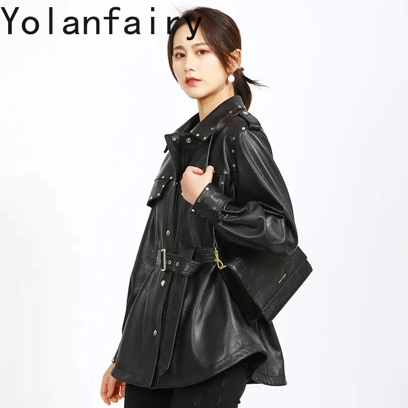 

High Quality Womens Leather Jacket Genuine Sheepskin Leather Jackets Woman Mid-length Real Leather Coat Lace-up Casaco Feminino