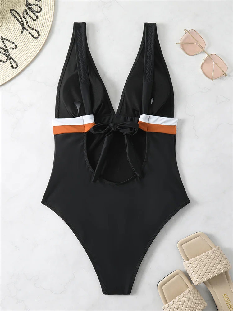 Eendelig Badpak Dames Massief V-Hals Badmode 2024 Nieuwe Sexy Rugloze Monokini Bodysuit Badpak Voor Dames Zomer Strandkleding