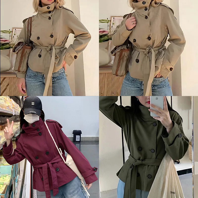 

KIDCRKJ Elegant Lace Up Women Spring Trench Coat Retro Stand Collar Button Short Lady Outwear Minimalist Versatile Female Jacket