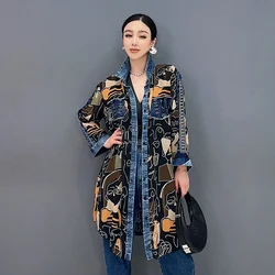 Vefadisa 2024 Spring/Summer New Long Shirt Printed Spliced Denim Mid length Topped Loose Casual Women's Wear WXY083