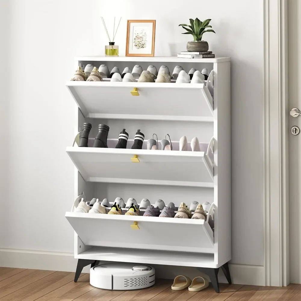 

Shoe Storage Cabinet with 3 Flip Drawers, Freestanding Shoe Organizer with 3-Tier Removable Shelves and Golde Handles