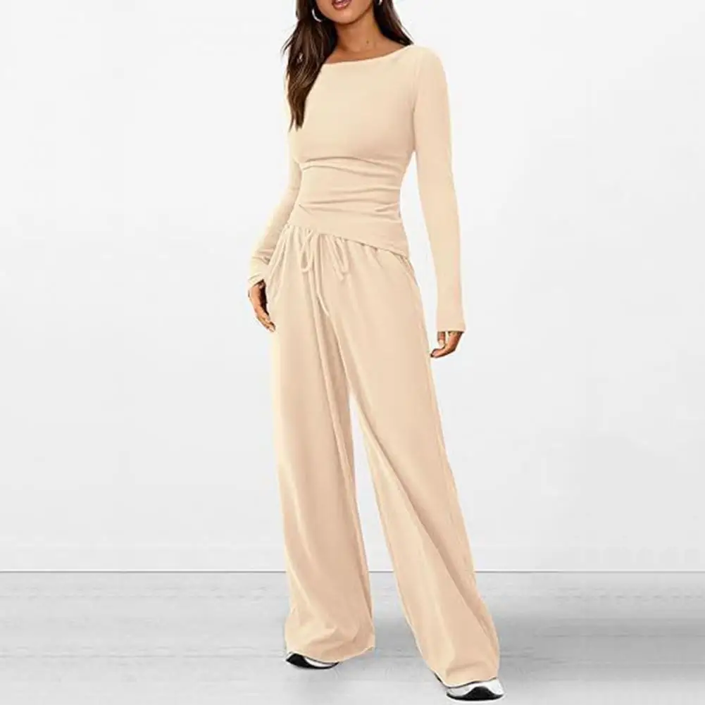 

Однотонный комплект из двух предметов, Женская однотонная блузка неправильной формы с широкими штанинами, комплект для повседневной носки, длинная Осенняя блузка с круглым вырезом