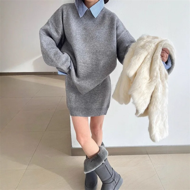 

New Fashion Casual Long Sleeve Half High Collar Knitting Solid Color Loose Fit Sweater + High Waist Above Knee,Mini Skirt Set