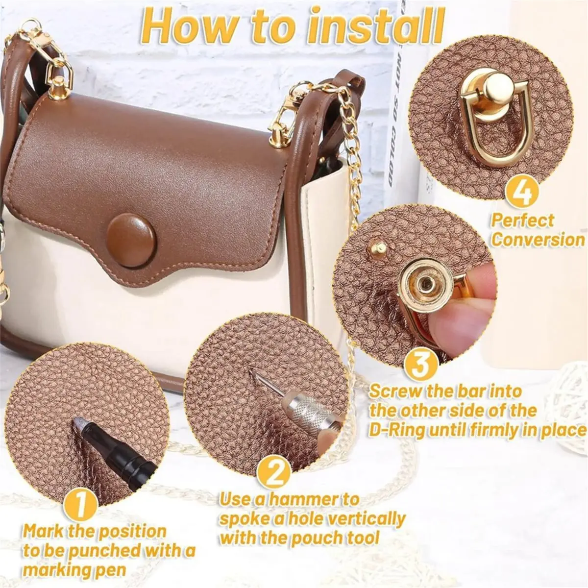 40 Pieces D Rings Rivets for Leather Purse, Gold Ball Studs Rivets with D Ring for Leather Crossbody Purse Craft