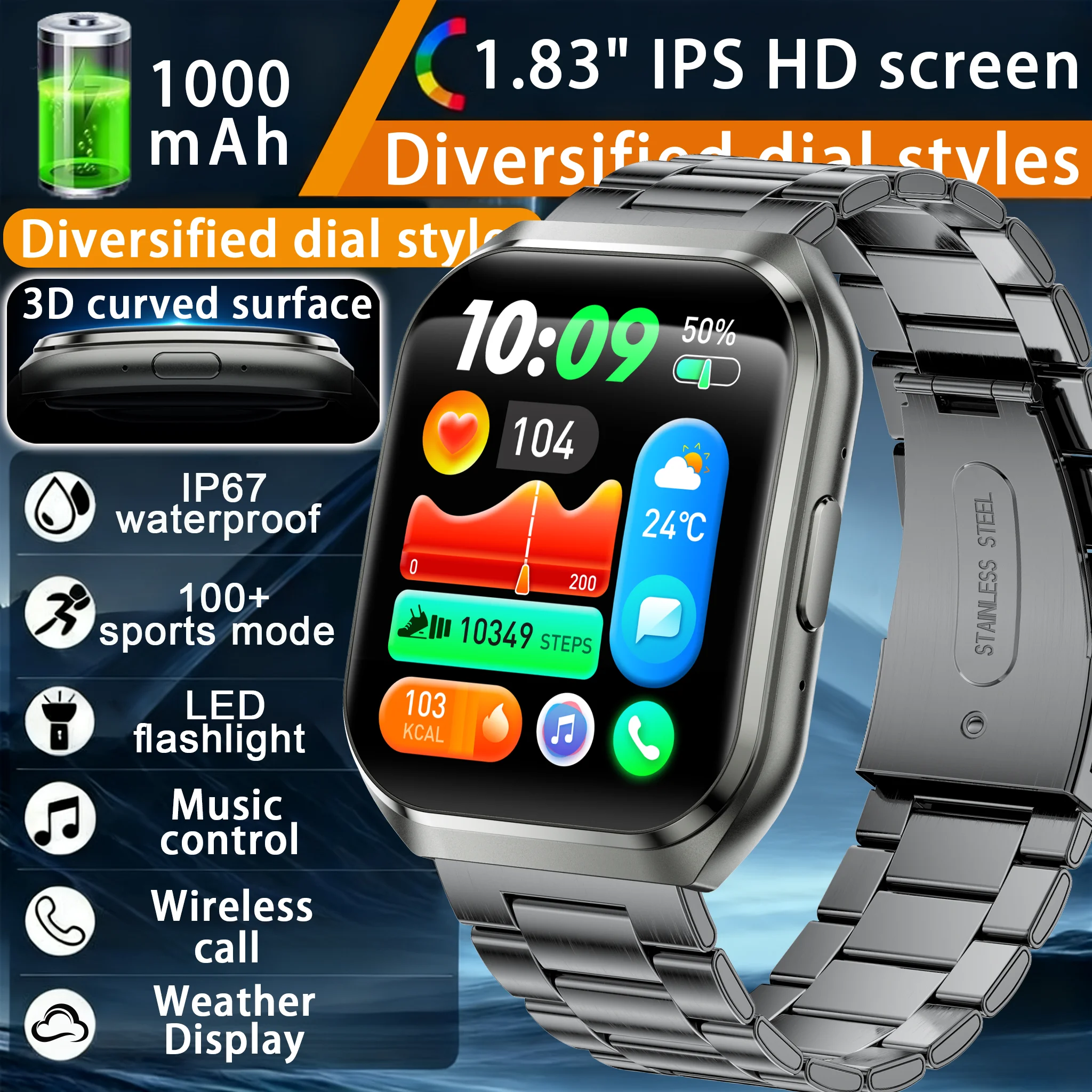 

Новые мужские спортивные смарт-часы, аккумулятор 1000 мАч, водонепроницаемость IP67, мониторинг сердечного ритма, мониторинг сна и физической активности, беспроводные звонки, 100+ видов спорта.