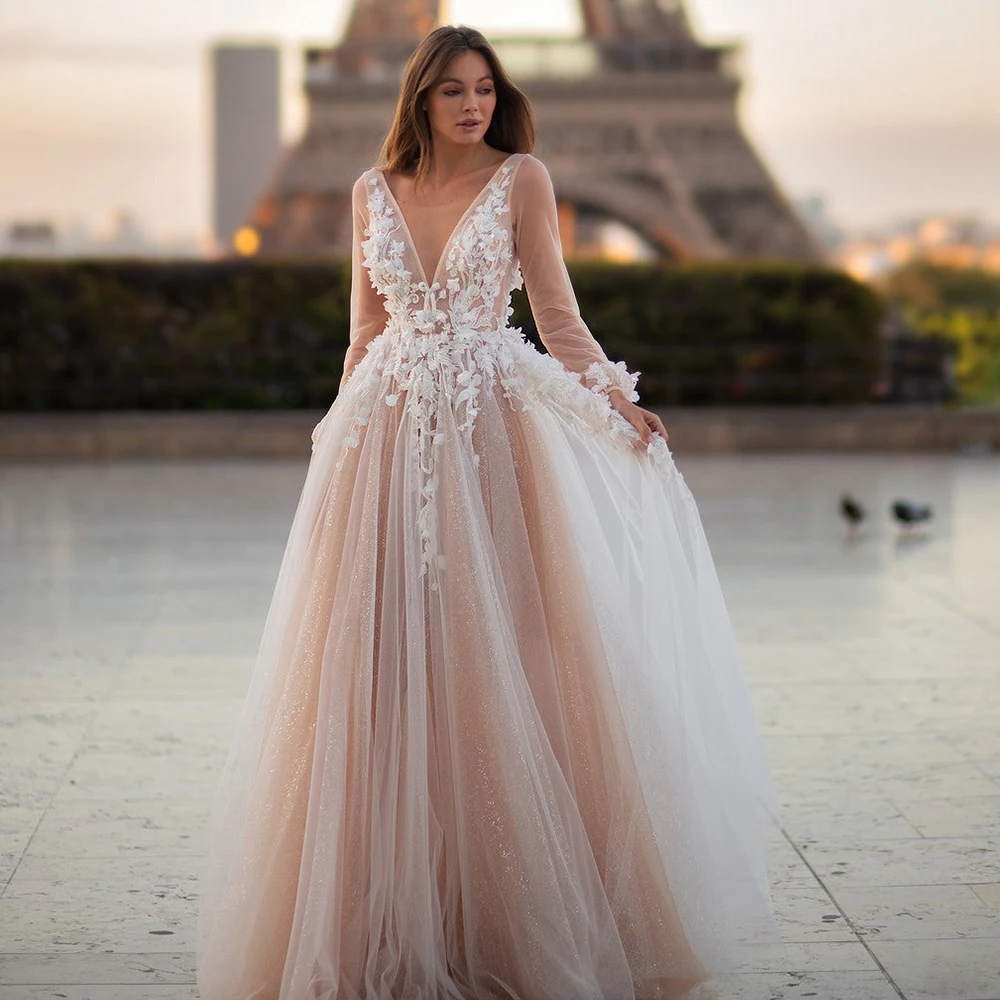 

Romantic Wedding Dresses for Woman Lace A-line Tulle Skirt Illusion Bride Gown Long Sleeve V Neck Backless robe de mariée