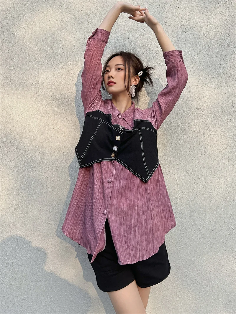 CHEERART Purple Fake 2 Piece Designer Long Shirt For Women 2023 Patchwork Long Sleeve Top Button Up Collar Shirt Blouse Fashion