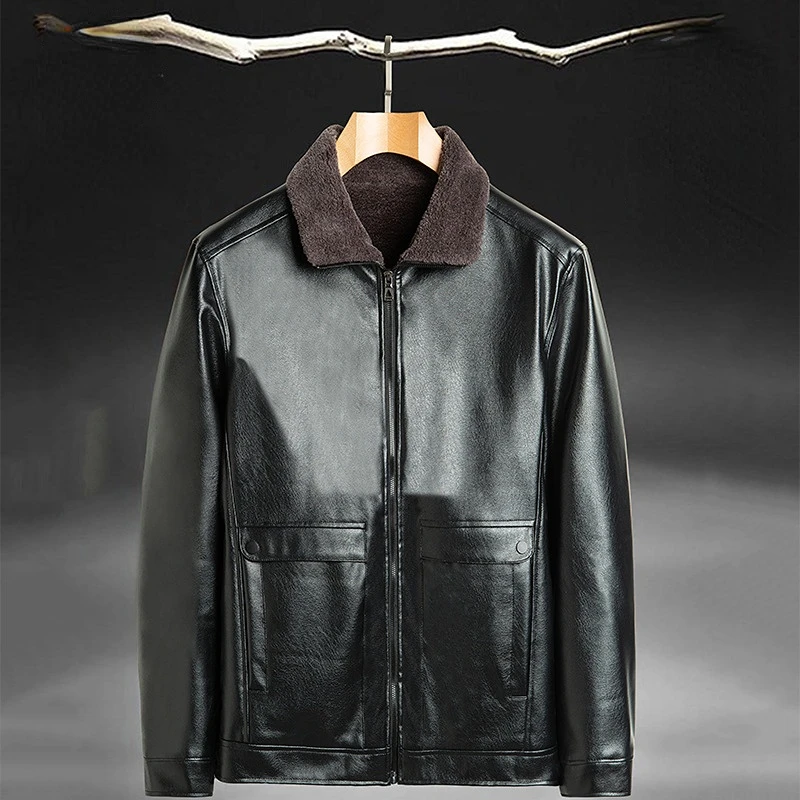 

Man Thick Plush Fluffy Warm Jacket Oversize Black Winter Windbreaker Faux Fur Collar Coat PU Leather Outerwear Black Overcoat