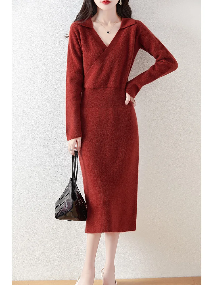 100% Merino Wool Women\'s Knitted Long Dress, Waist, Lapels, Loose, Elegant, Casual, Fashionable, Sweater, 2024 Autumn/Winter