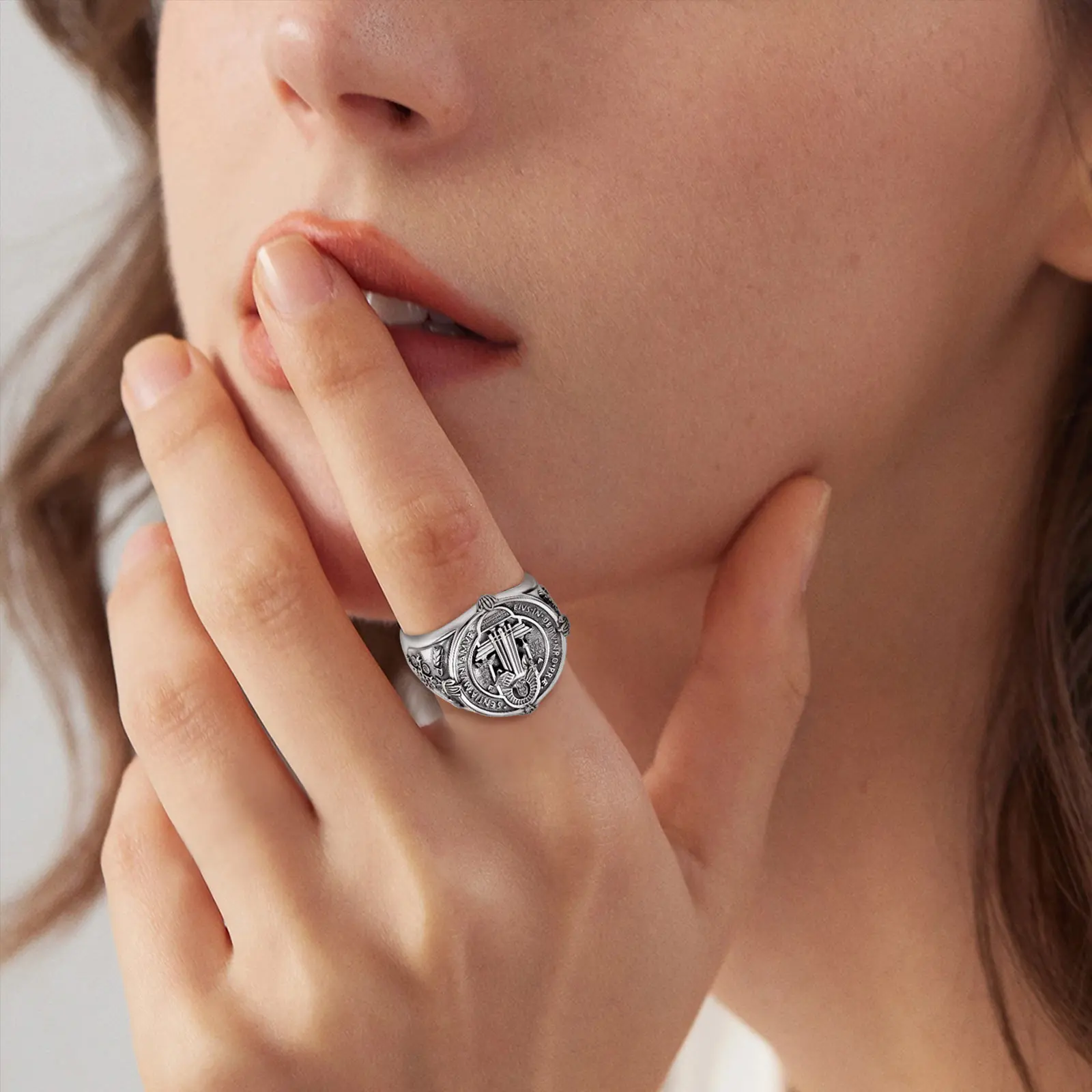 Eudora 925 Sterling Silver Saint Benedict Ring San Benito Medal Adjustable Ring Catholic Jewelry Religious Gift for Men Women