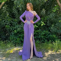 Customized Mermaid Sequin Prom Gowns One-shoulder Sweep Train Side Slit  Evening Dresses Long Sleeve Party