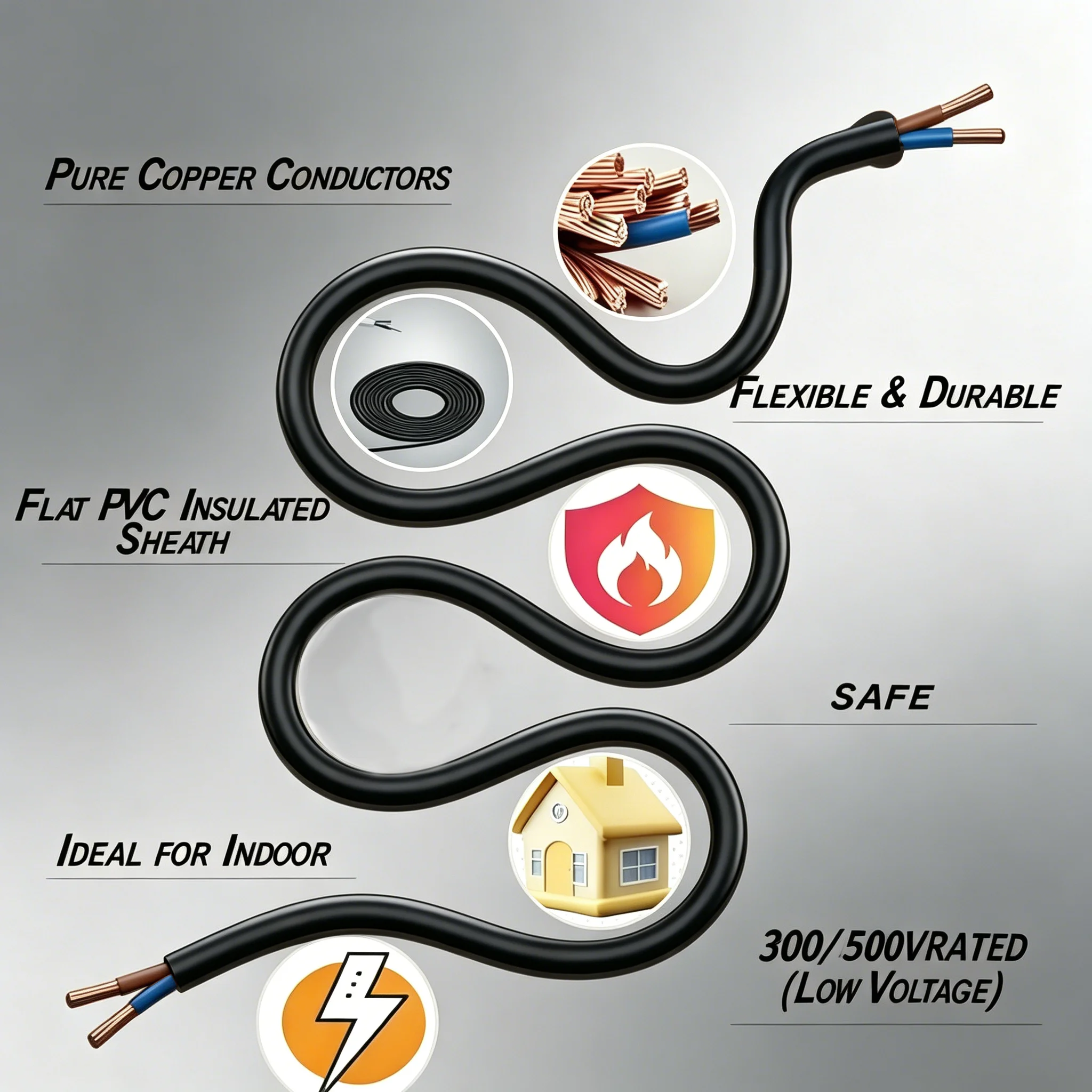 Flat Power Cord 2x0.75mm² H05VVH2-F, PVC Extension Cable Ultra Thin Flexible for Table Lamp Fan Under Carpet Door Gap