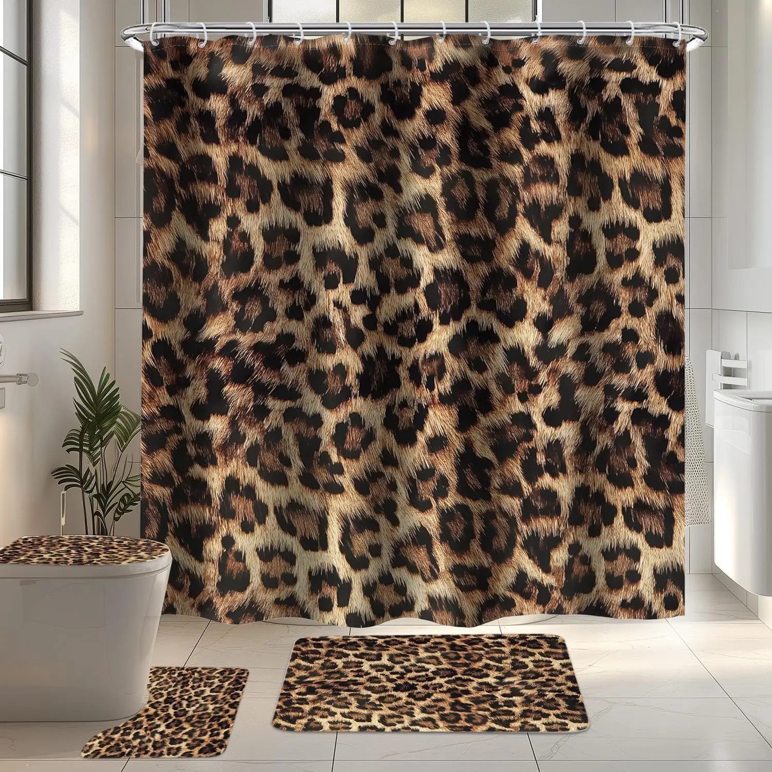 

Leopard Print Shower Curtain Set with Non-Slip Rugs, U-Shaped Mat, and 12 Hooks for Bathroom Decor