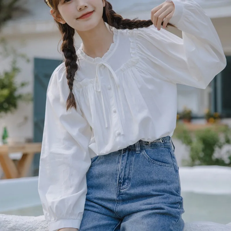 French Long Sleeve Shirts Women Vintage Ruffles Sweet Preppy Versatile Tops All-match Lace-up Baggy Clothes Youthful Kawaii Ins