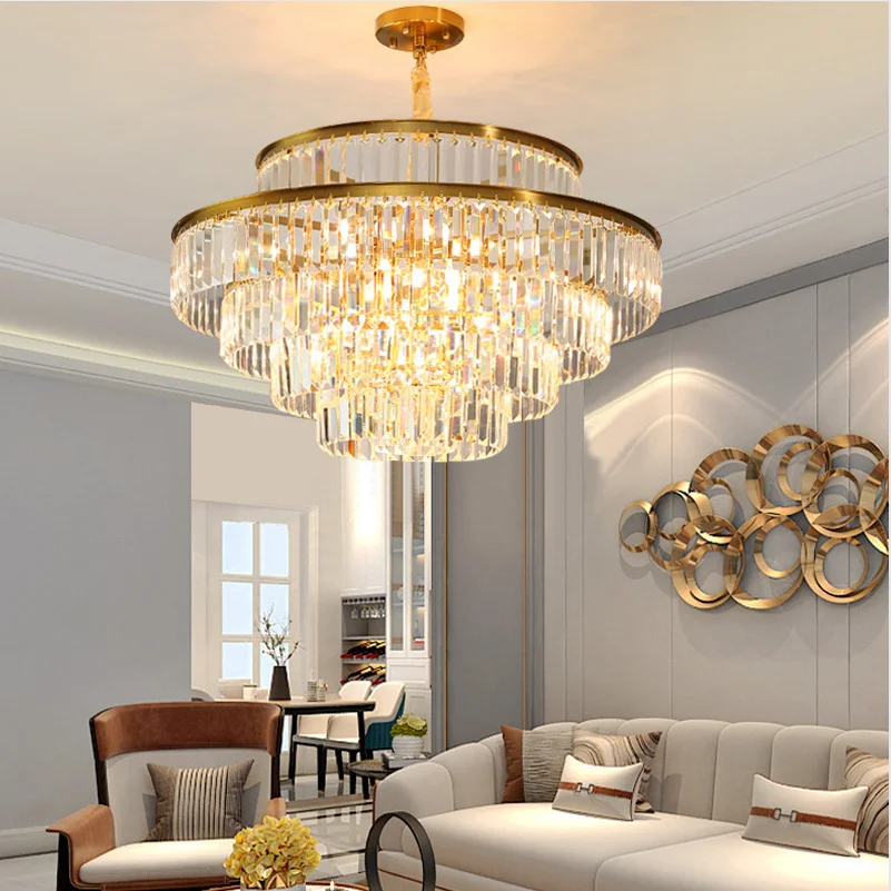 French luxury crystal living room pendant light, simple and atmospheric gold wrought iron villa bedroom dining room lighting fix