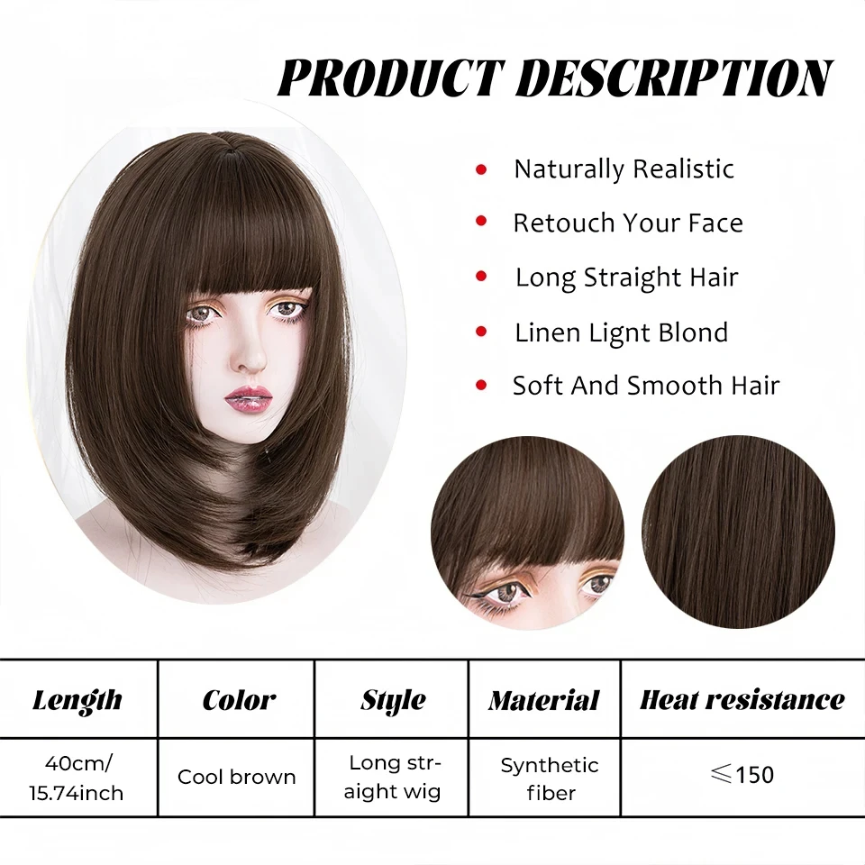 YELOWTIM Dark Brown Straight Wig  for Women Synthetic Hair Wig With Bangs Heat Resistant Party Daily Natural Use