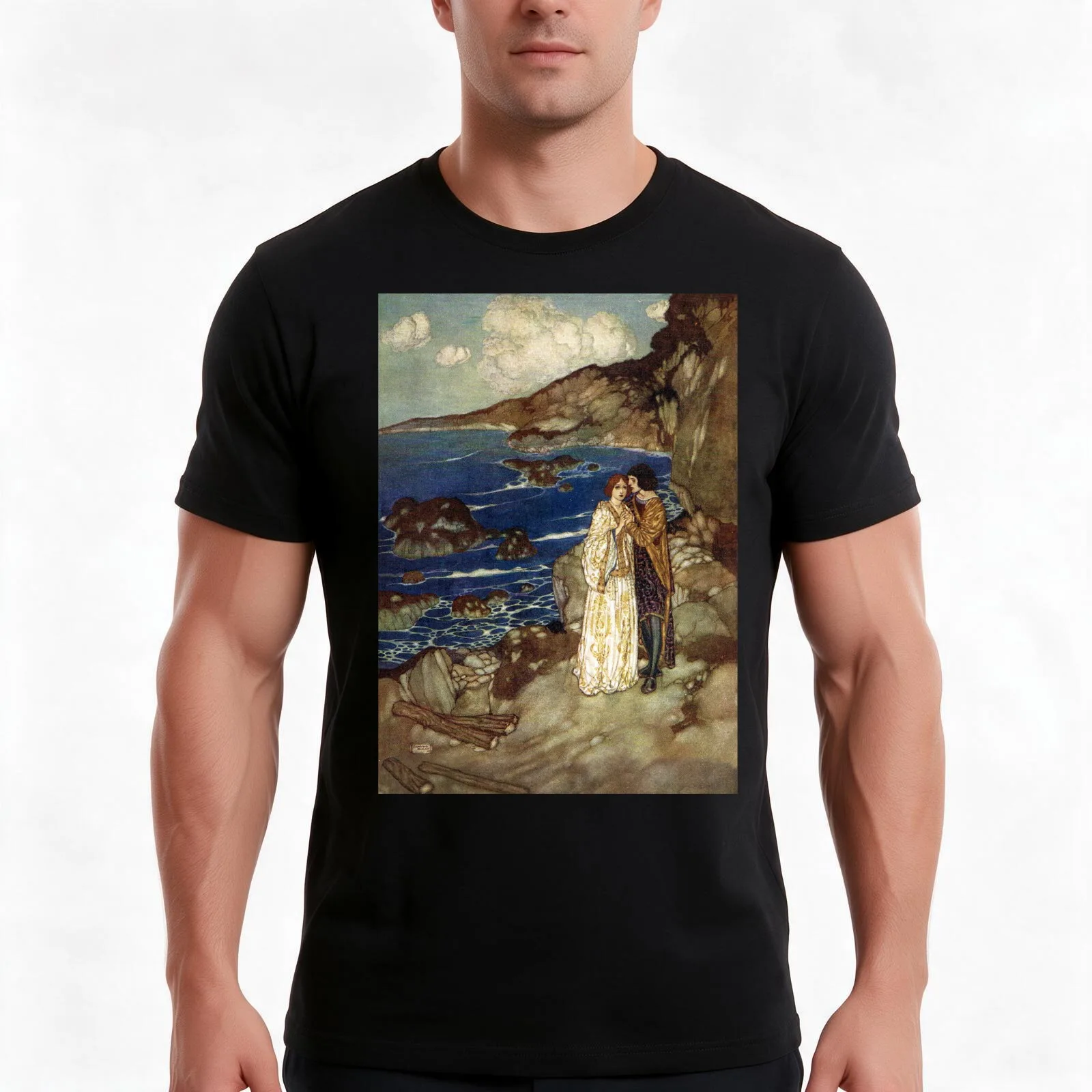 Miranda and Ferdinand - The Tempest, Edmund Dulac T-Shirt, Summer Casual Cotton Tee, Oversized Streetwear Tops, Unisex Men Women