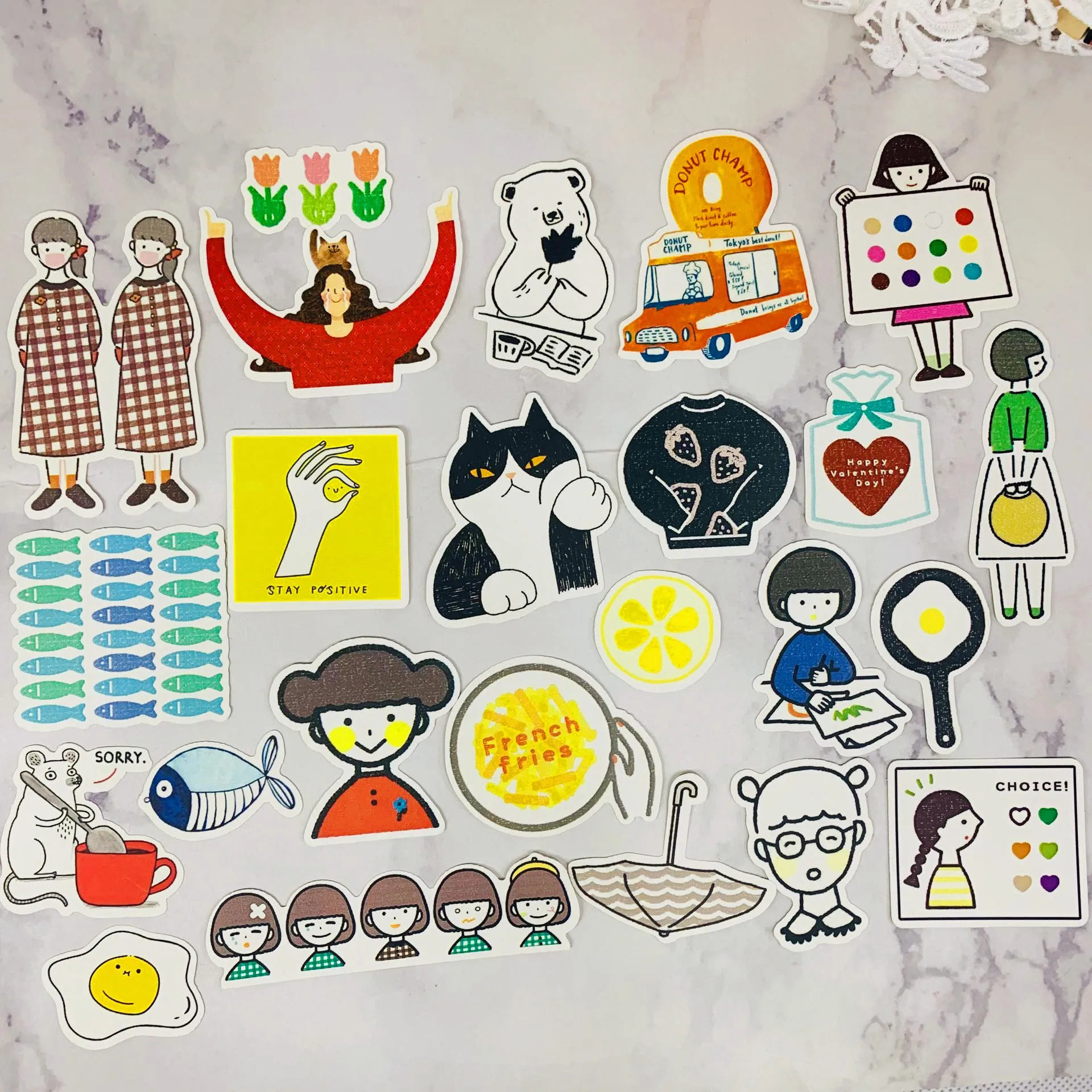 24PCS Good-looking Pocket Sticker Simple Life Hand-painted Cartoon Creative Diary Decorative Album DIY Sticker