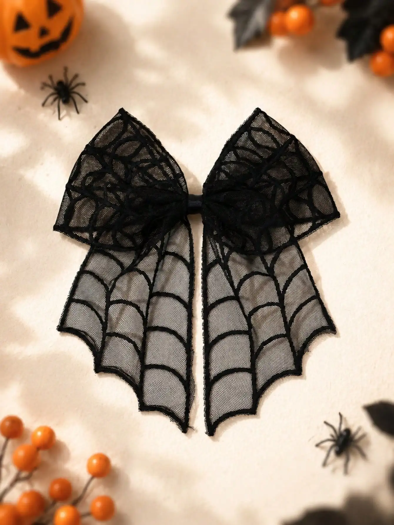 1pc Halloween Black Spider Web Embroidered Tulle Long Tail Bow Hair Clip, Cute Hair Clip For Girls, Gift Party Hair Accessory sk260723180332510174926
