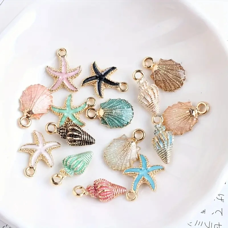 10pcs Ocean Style Shell Starfish Enamel Alloy Charns Pendants, DIY Jewelry Making Accessories