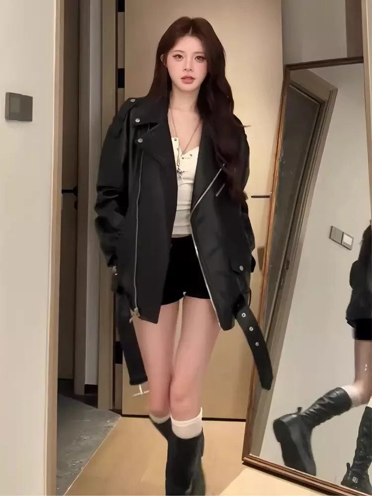 Bla Motorcycle Jaet PU Leather Coat Women's Design Spring Autumn New American Retro Small Size High-End Feel Zipper