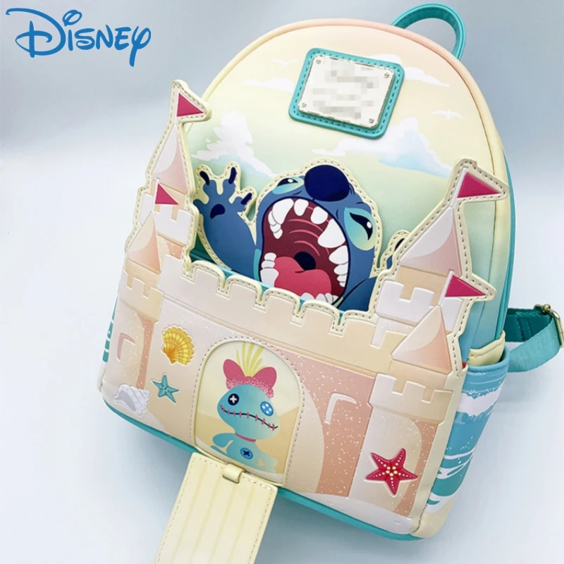 Disney Original Stitch Mini Backpacks 3d Sandcastle Beach Surprise Kawaii Backpack Woman's Pu Leather School Bags Gift