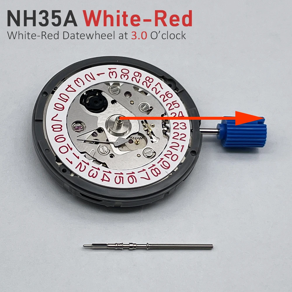 Japan Original NH35 Movement Mod White-Red Text Datewheel Crown at 3.0/3.8 Position Genuine NH35A Red Disc Version 24 Jewels