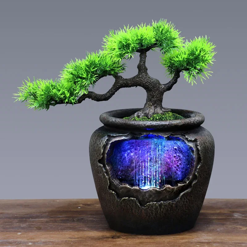 

7Color Led Change Indoor Resin Flower Pot Flowing Water Sound Waterfall Fountain Garden Feng Shui Simulation Tree Craft