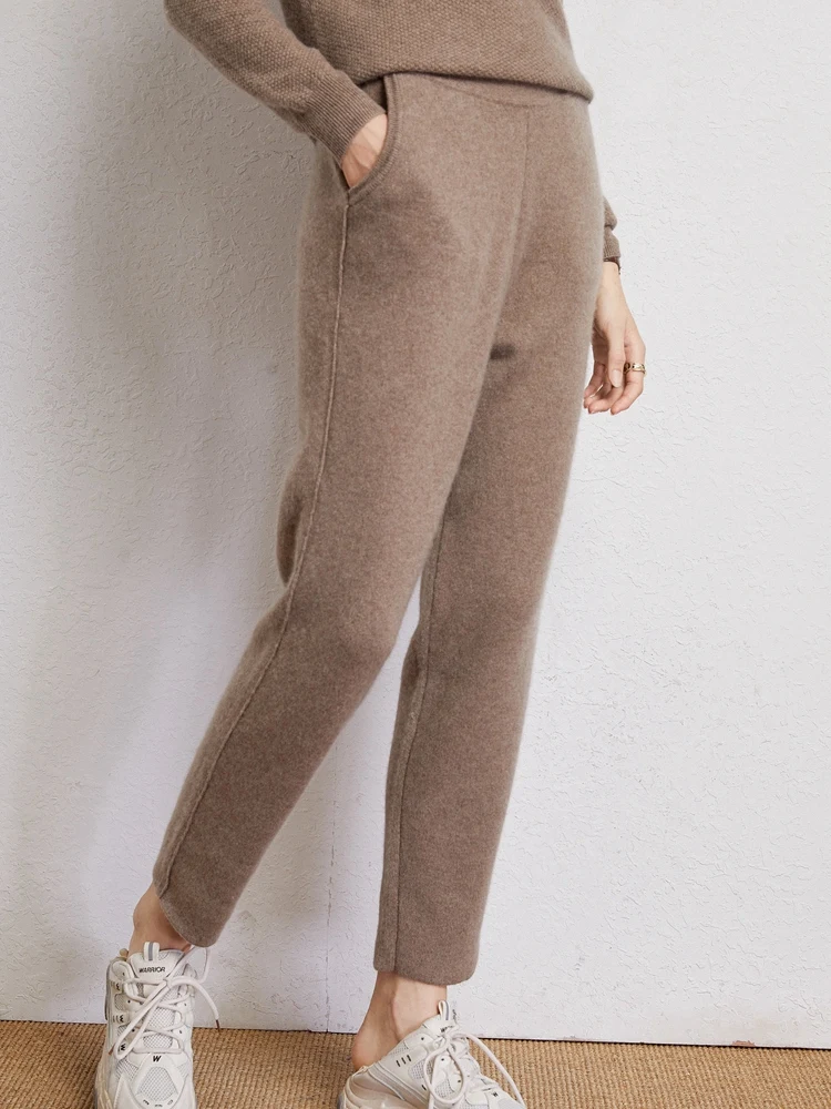 Luxury Women's 100% Cashmere Pencil Pants Simple Style Elasticated Waist Trousers Autumn Winter Cashmere Pants Warm Soft Comfy