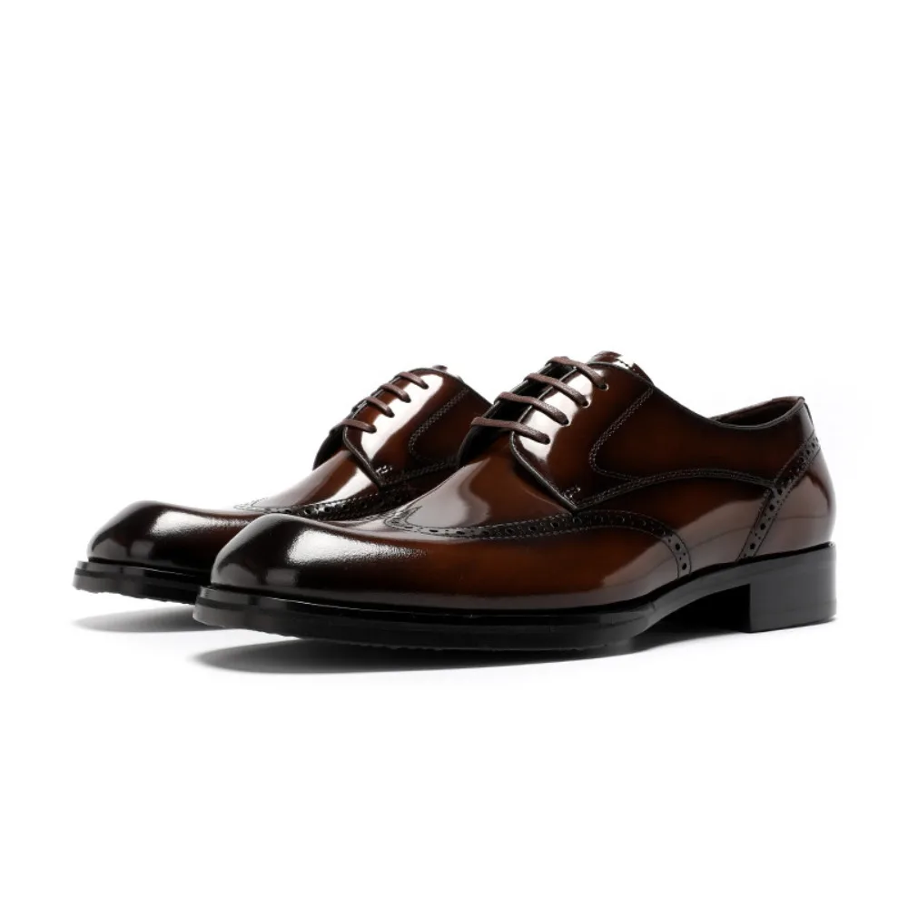 Premium Sense Brogue Derby Shoes Genuine Leather Square Toe Shiny Formal Business Dress Shoes for Commute