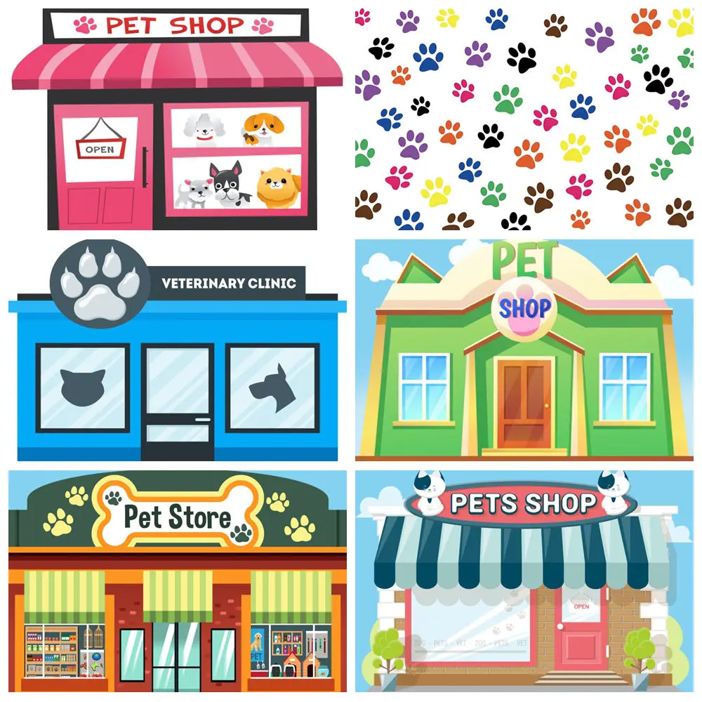 

Cartoon Pet Shop Backdrop Colored Cute Dog Paw Pet Party Children Birthday Baby Portrait Photography Background Decor Photozone