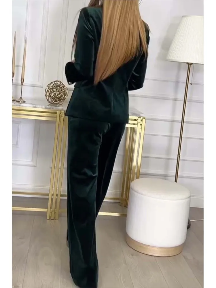 بدلة على الموضة معطف مجموعة للنساء أنيقة الصلبة طويلة الأكمام الخامس الرقبة القمم عالية الخصر بنطال ذو قصة أرجل واسعة 2 قطعة مجموعات سيدة مكتب الملابس