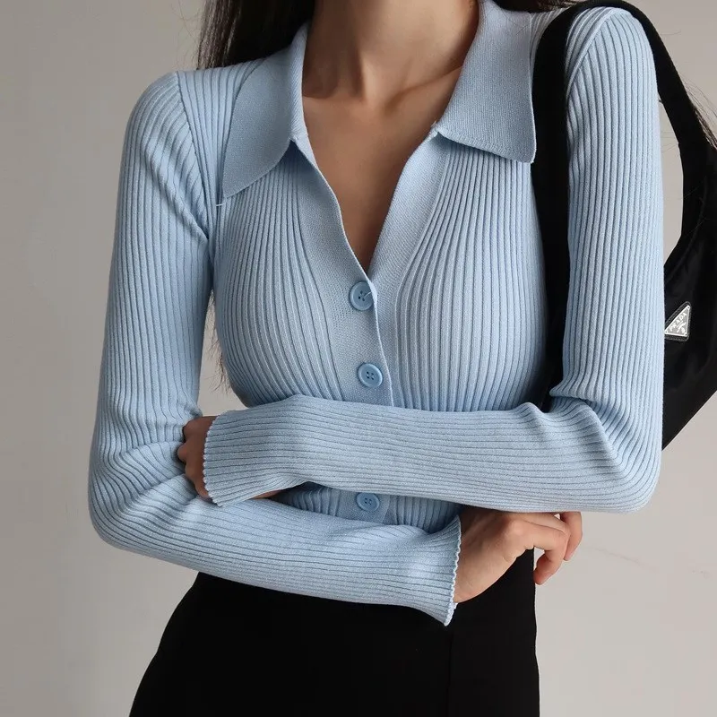 

Осень-зима женские трикотажные тонкие свитера топы V-Ne Long Sve Slim Fit молодежная одежда для поездок на работу чистый цвет