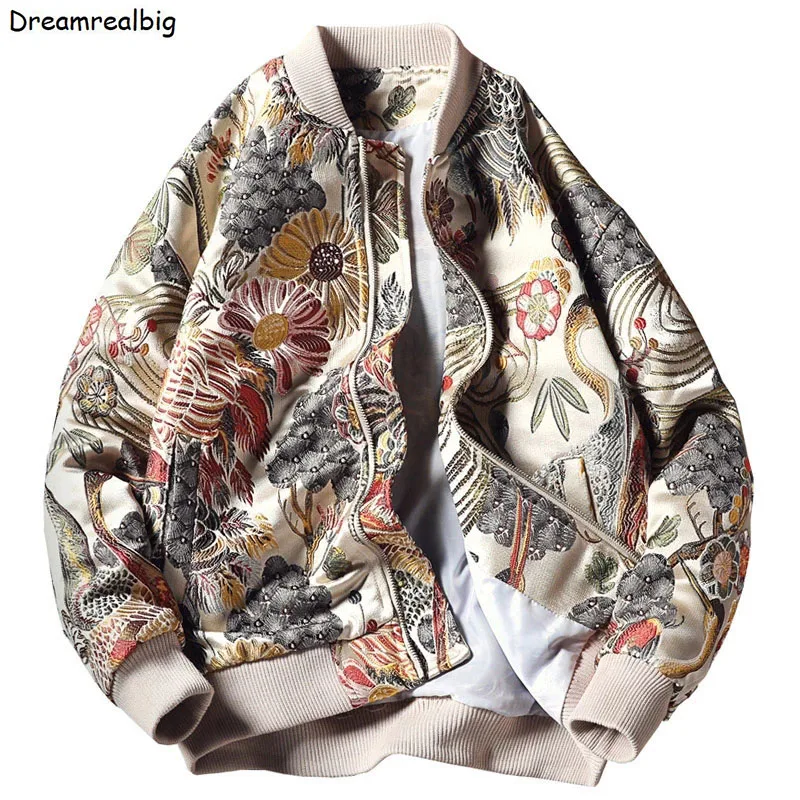 Chaqueta Bomber con bordado Floral y Grulla para hombre, cazadora de béisbol con cuello levantado, color Beige, estilo japonés, talla grande, novedad de 2024