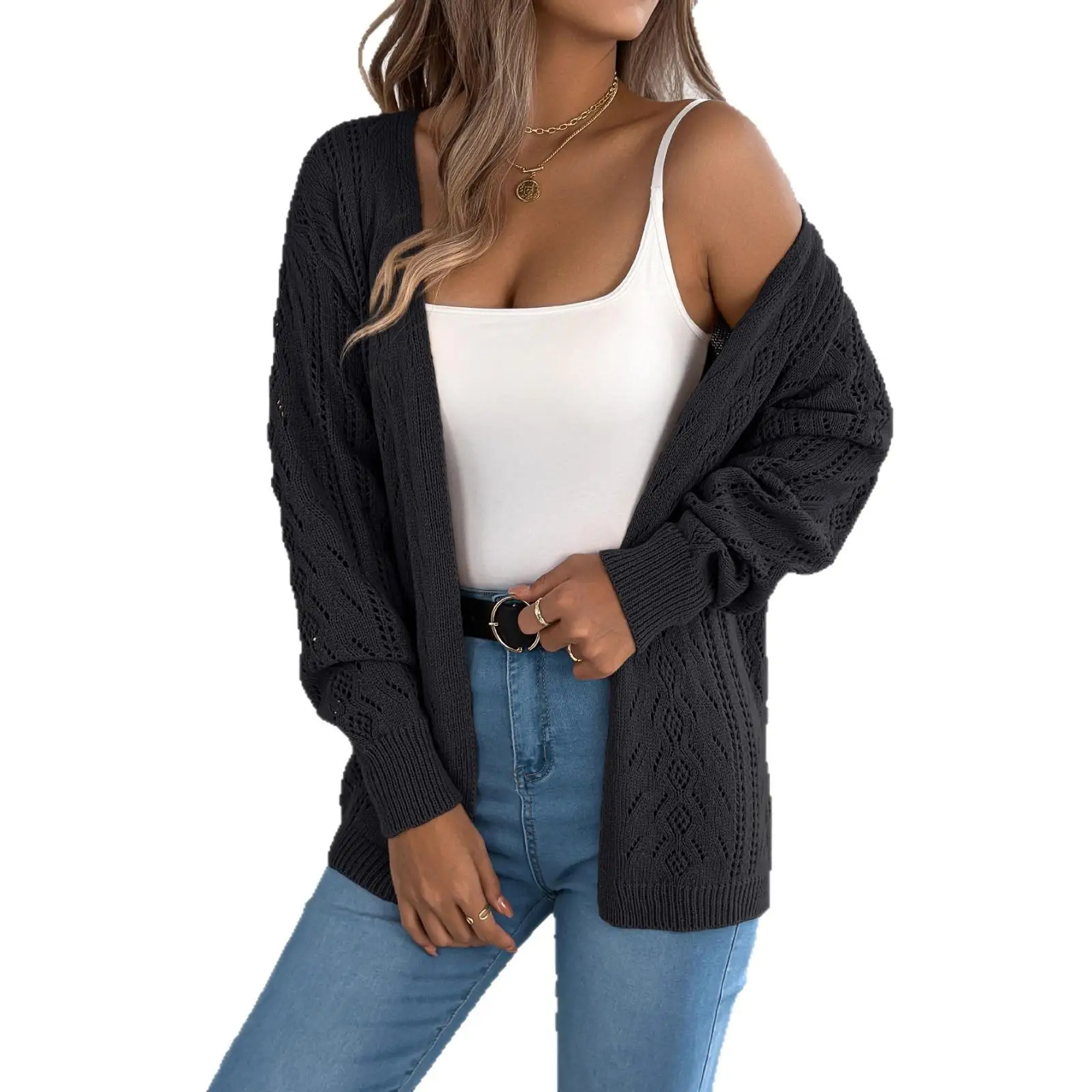 Casual scava fuori lanterna Sve lungo Sve cardigan maglione di media lunghezza Jaet donna transfrontaliera inizio autunno Faion