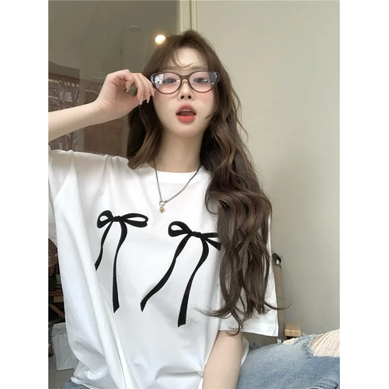 

Cotton Bow Tie Medium Length T-shirt Short Sleeved Women's Korean 2024 Spring Summer Loose Pullover Round Neck Causal Top Tees